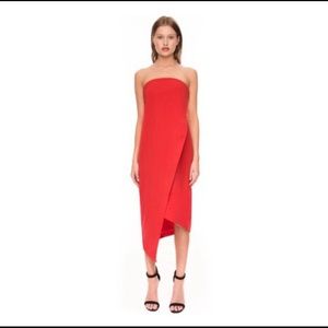 KEEPSAKE The LABEL Asymmetrical Chic Strapless Red Midi Dress